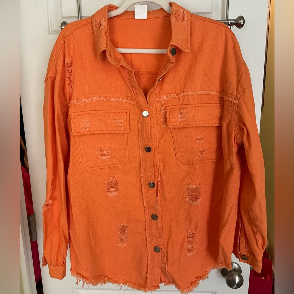 Bold Orange Button Down Shirt with Distressed Denim Look